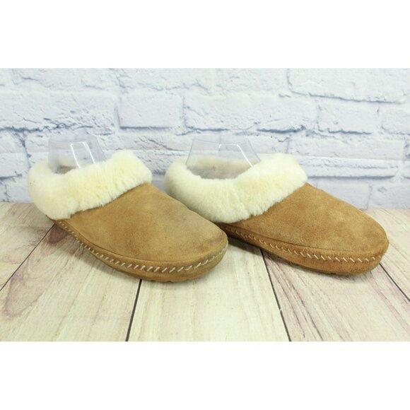 LL Bean Shoes Size 8 M Brown Suede Lamb Fur Shearling Slippers Cozy Slip-On - Picture 3 of 9